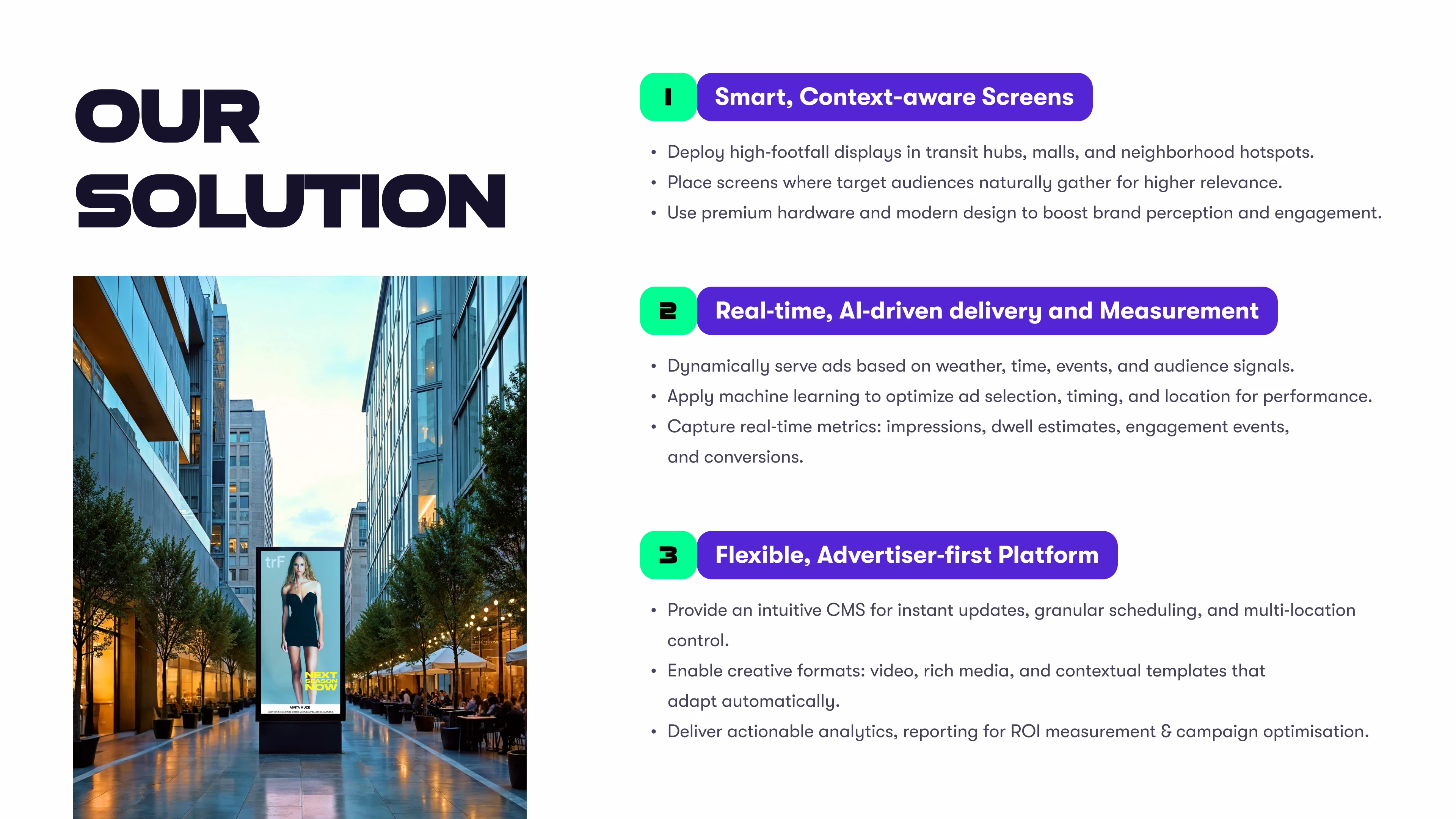 Our solution — smart, context-aware screens with AI-driven delivery