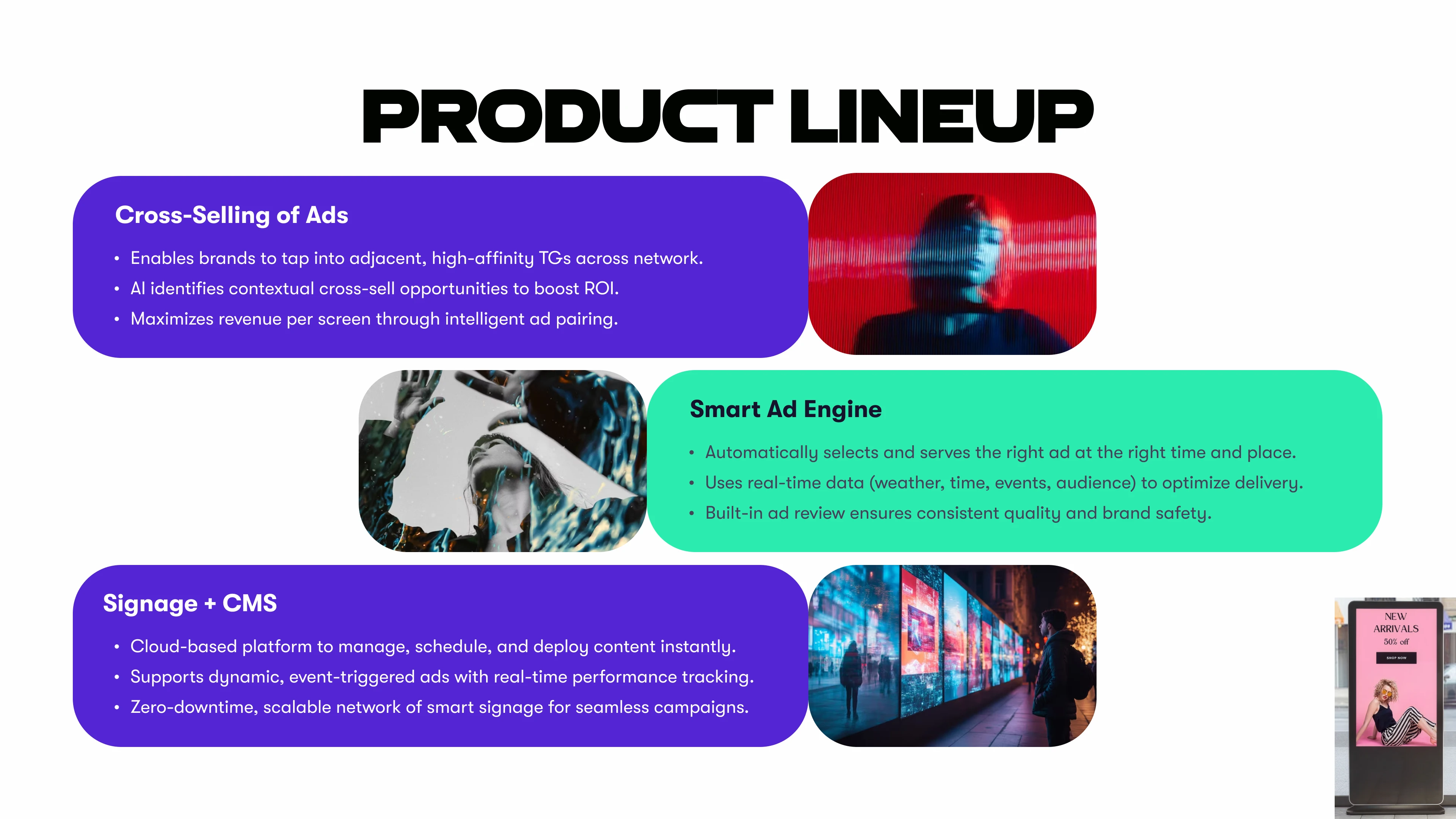 Product lineup — cross-selling, smart ad engine, signage + CMS