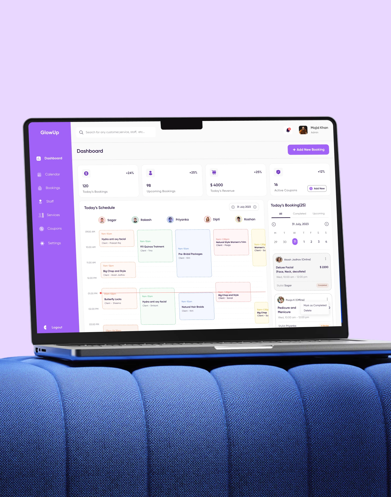 Glow Up salon booking dashboard